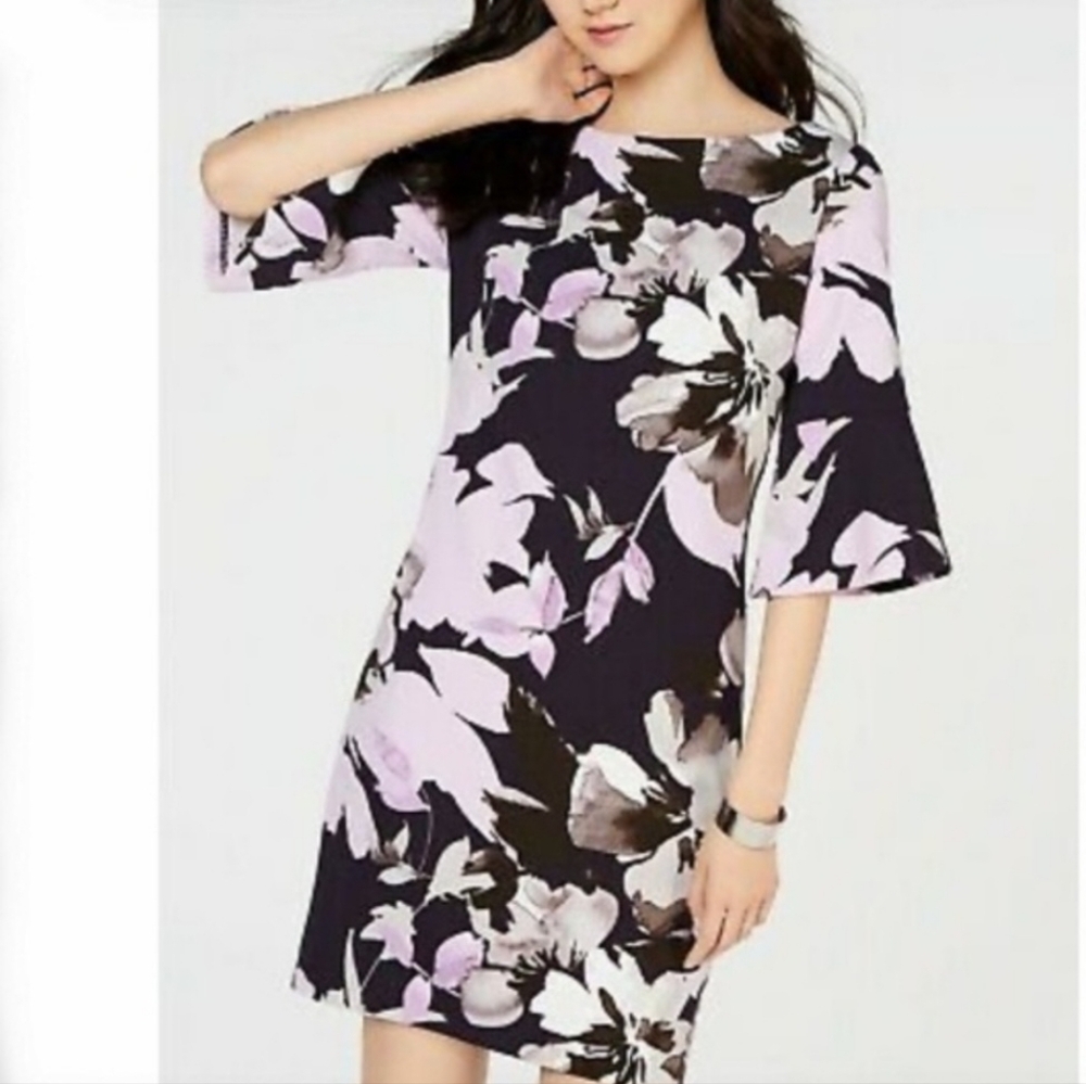 Vince Camuto Navy Blue and Pink Floral Print Bell Sleeve Spring Summer Dress 10 - Picture 7 of 15